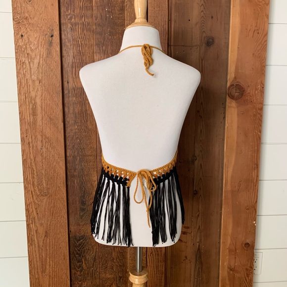 Fringed Crochet Crop Yellow Rust Black Size S 70s - Picture 3 of 5